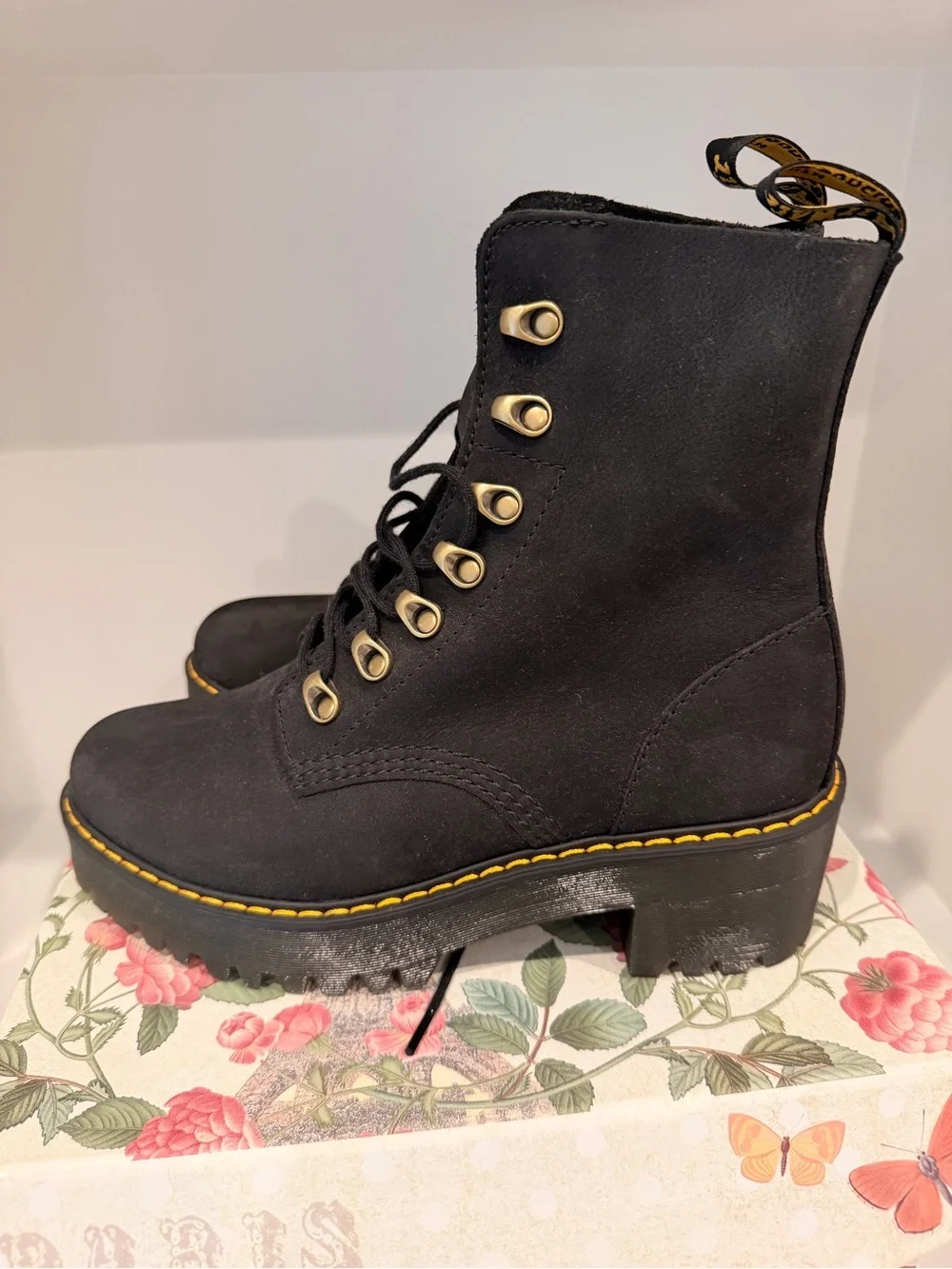 Dr. Martens Black Lace-Up Platform Ankle Boots with Yellow Stitching